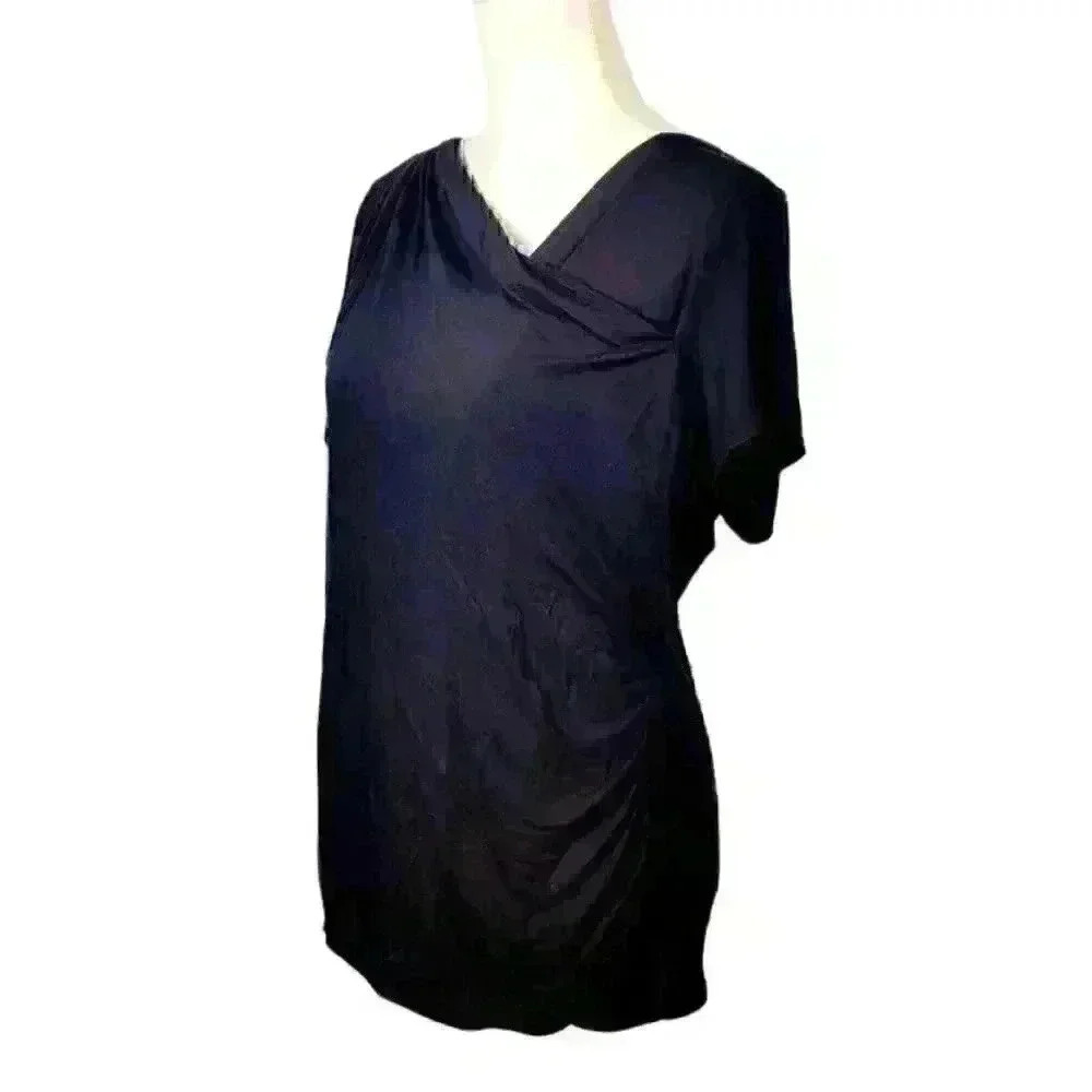 TAHARI Tee ASSYMETRICAL Neck BLACK Top Jersey Shirt Lightweight STRETCH size M